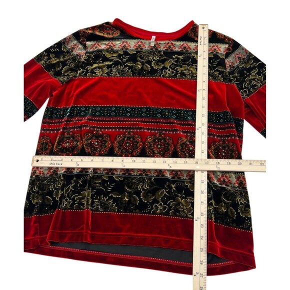 White Stag XL Velvet Holiday Tunic Top Red Black Gold Floral Striped Pattern - Picture 3 of 5